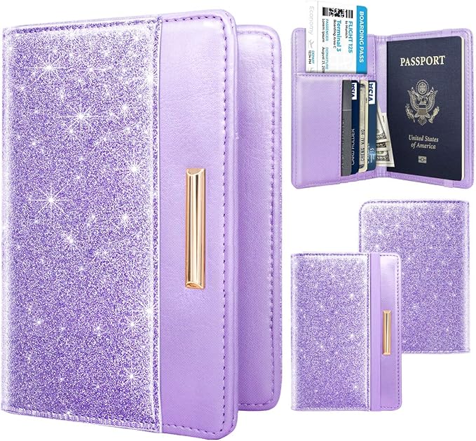 Coco Rossi Passport Holder for Travel Women Slim RFID Passport Cover Wallet | Travel Essentials, Passport Book Holders, Passport Wallet Cover Case, PU Leather, Cute, Thin, Spliced Design, Glitter Purple