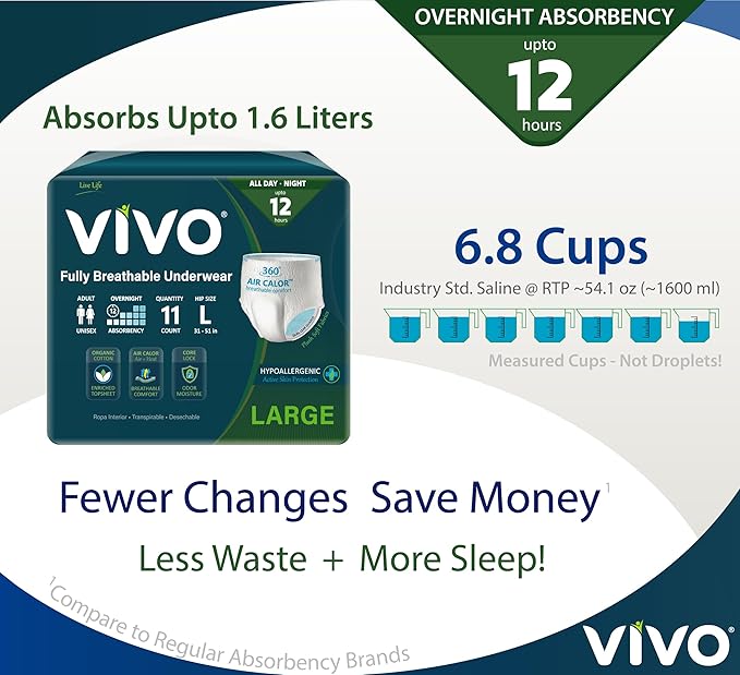 VIVO Organic Cotton Sensitive Skin Overnight Adult Incontinence Pullup Underwear, Women & Men, Large 44 Count