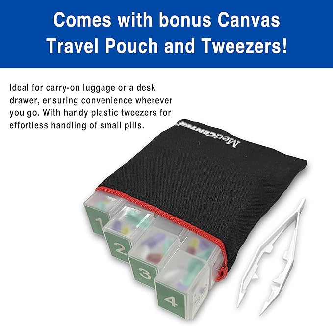 MedCenter HSA/FSA Travel Pill Organizer with Zipper Pouch & Tweezers – Portable 4-Day Medication Case with Labeled Compartments for Travel, Vitamins & Supplements