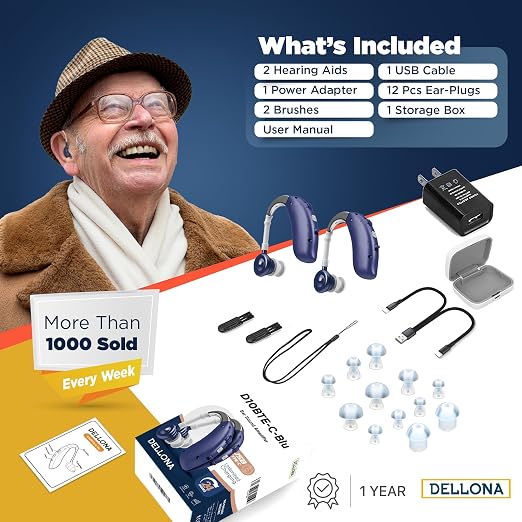 DELLONA High-Performance Hearing Aids for Seniors, OTC Rechargeable Hearing Aid for People with Severe Hearing Loss with Intelligent Noise Reduction (Pair), 4 Modes - Comfortable Hearing Aid devices for elderly, Over The Counter Hearing Aids (Blue - C)