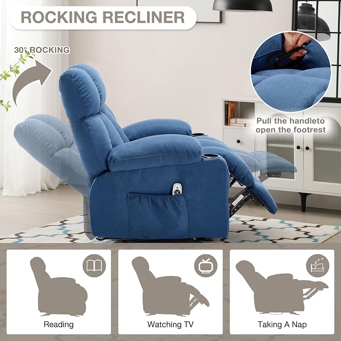 Massage Rocker Recliner Chair with Heat and Vibration Ergonomic Rocking Lounge Chair for Living Room Comfy Overstuffed Recliner with 4 Side Pockets, 2 Cup Holders, Blue