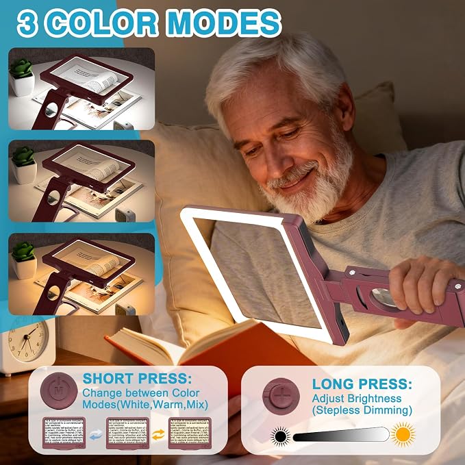 30X 6X Rechargeable Magnifying Glass for Reading, Large Full Page Magnifier with Folding Stand, 3 Color Light Modes, Dimmable LED Lighted, Hands Free Book Magnifier for Low Vision Seniors, Red