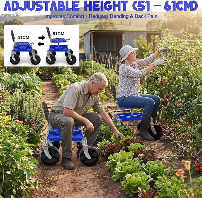 Heavy-Duty 360° Swivel Rolling Garden Seat, 330 lbs Capacity, Height Adjustable 20-24 in, with Work Gloves for Weeding, Planting, Car Detailing