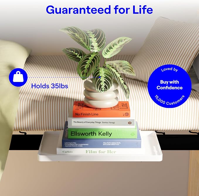 BedShelfie Bedside Shelf for Dorm Room - Dorm Essential, White | Bunk Bed & Top Bunk, College Dorm Room Essentials, Bedside Caddy, Clip on Floating Desk Tray, Bed Side Table, Loft Nightstand