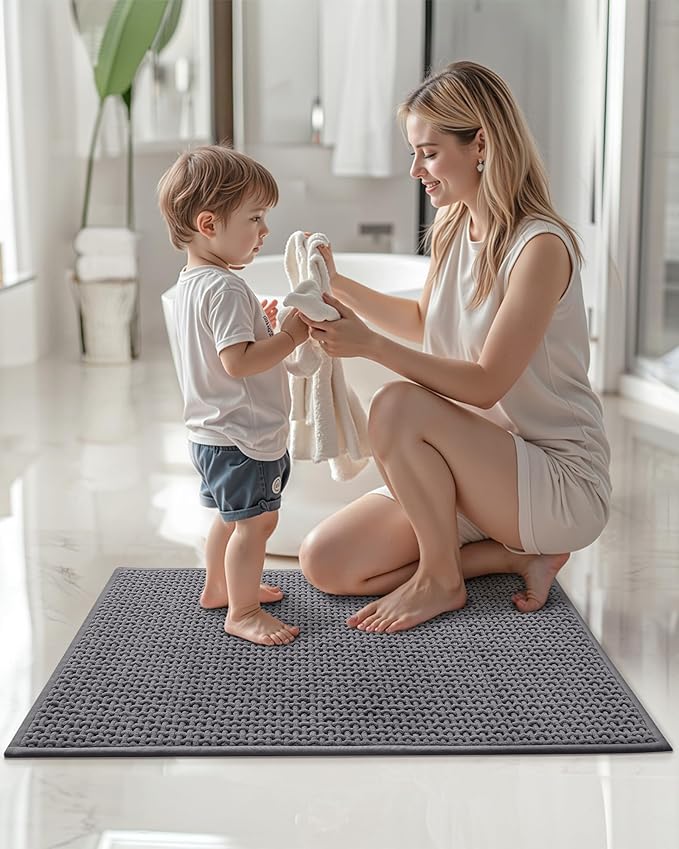 Color&Geometry Chenille Pile Small Bathroom Rugs Upgraded Denser, 16"x24" Non Slip Absorbent Grey Bath Mats for Bathroom Thin Fit Under Door, Washable Quick Dry