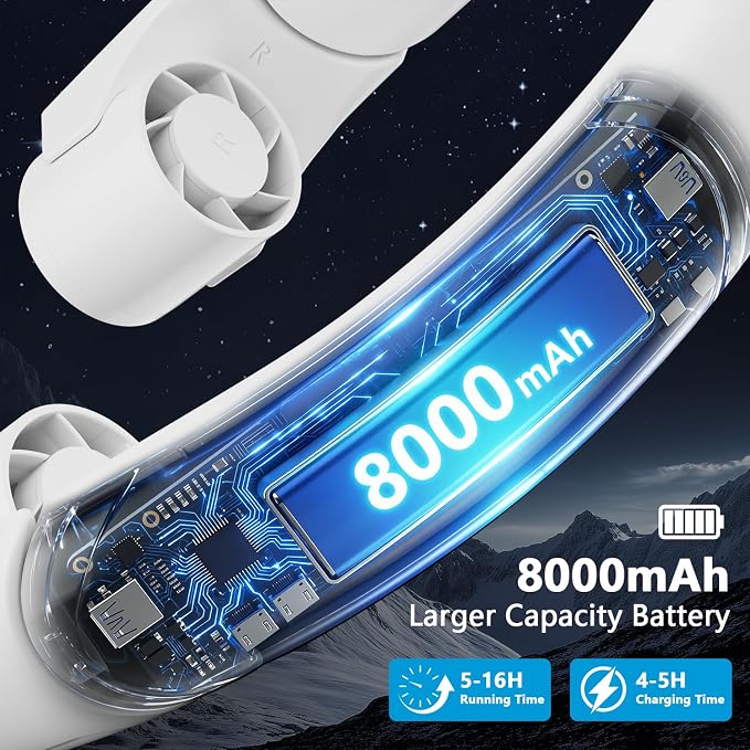 Mavax ChillGo Portable Neck Fan - 8000mAh Personal Wearable Fan, 9000 RPM Direct-flow 4X Powerful 360° Airflow Cooling Fan, Max 16H, 4 Speeds, LED Display, Great Gifts for Men Women - 5th Gen White