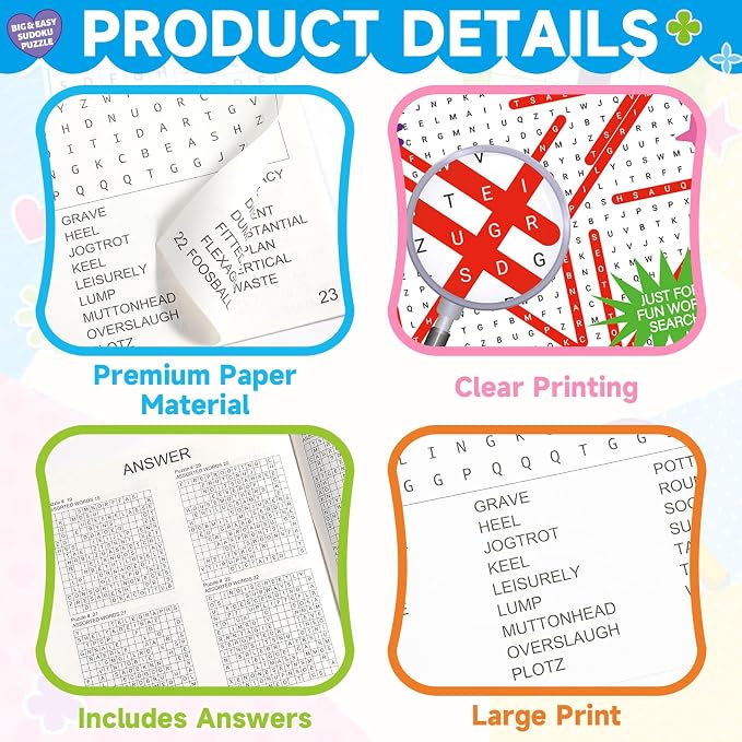 4 Pack Large WordSearch Puzzle Books for Adults Aging Seniors 6.5x9 Inches Word Find Puzzle Books with Large Print Words Activity Book Brain Games and Stress Relief(Variety Pack Bulk)