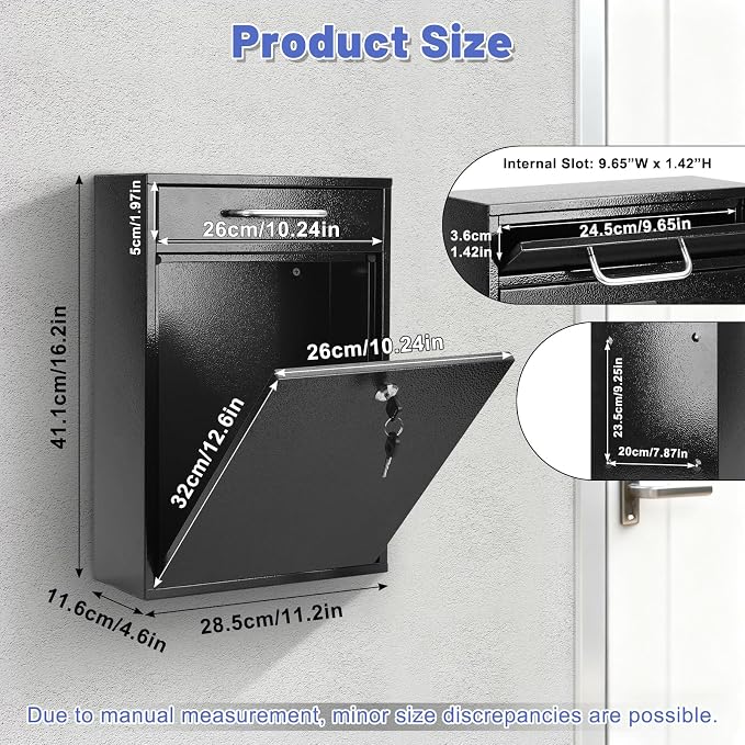 KYODOLED Steel Key Lock Mail Boxes Outdoor, Locking Wall Mount Mailbox, Security Lock Drop Box, Collection Boxes for Home, Office or Commercial,16.2H x 11.2L x 4.6W Inches, Black X Large