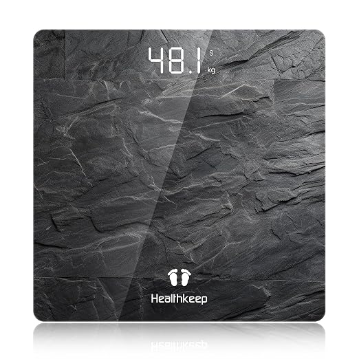 Healthkeep Digital Bathroom Scale, High Precision, with Step-On Technology, LED Display, Slim Design, Max. 180 kg/400 lb, Marbled Gray