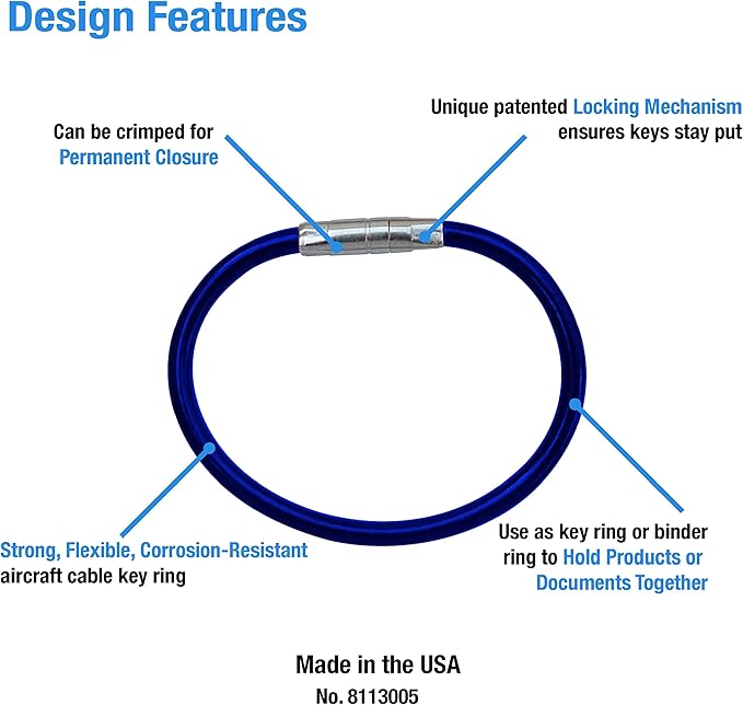 Lucky Line 5” Twisty Lock Key Ring, Flexible Nylon Coated Steel Wire Loop, Corrosion-Resistant and Durable, Blue, 5 Pack (8113005)