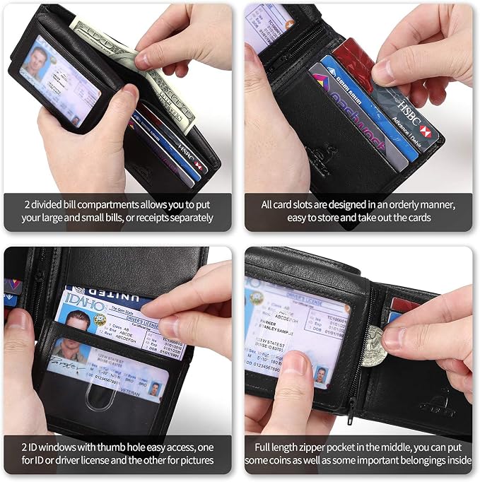 Slim RFID Blocking Leather Wallet for Men, Front Pocket Bifold Wallet with Zipper Coin Pocket and 2 ID Windows, Credit Card Holder