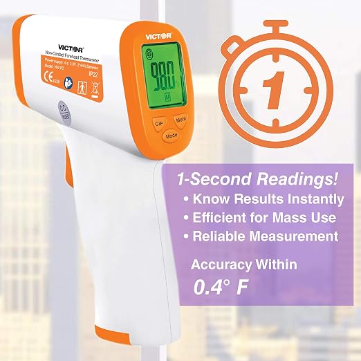 Victor T9000 Non-Contact Digital Infrared Forehead and Wrist Thermometer, for Adults and Kids, Quick 1 Second Readings, 3-Color Temperature Warning Display, White/Orange