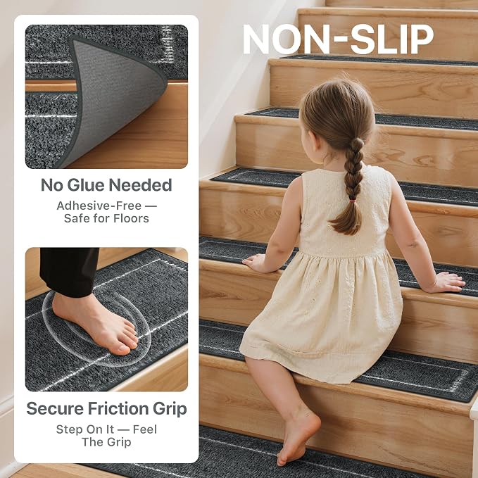 sarben 8"x30" Non Slip Stair Treads for Wooden Steps 15Pk, Charcoal Border | Peel and Stick Carpet Stair Runner with TPE Adhesive Backing, Carpet for Added Safety, Pet and Senior Friendly