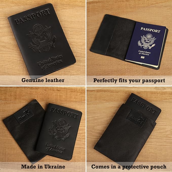 US Leather Passport Book Cover - Thin American Travel Passport Holder - Premium International USA Passport Protector Case for Women Men (Black Vintage)