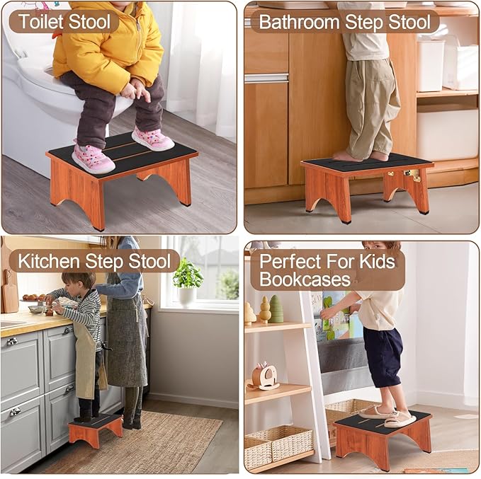Step Stool Foldable, Wooden Step Stool with Non-Slip Rubber Stepping Feet, Folding Platform Step Stools for Adults Seniors in Kitchen, Home, Bedroom, Office, Rv, Easy to Carry,450 LBS Capacity (Brown)