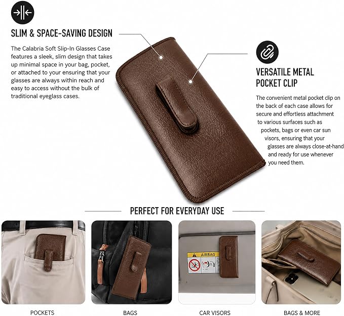 Calabria Soft Slip-In Glasses Case with Pocket Belt Metal Clip Brown for Men/Women Synthetic Leather Felt Lining 6.5"x3" - 12PACK