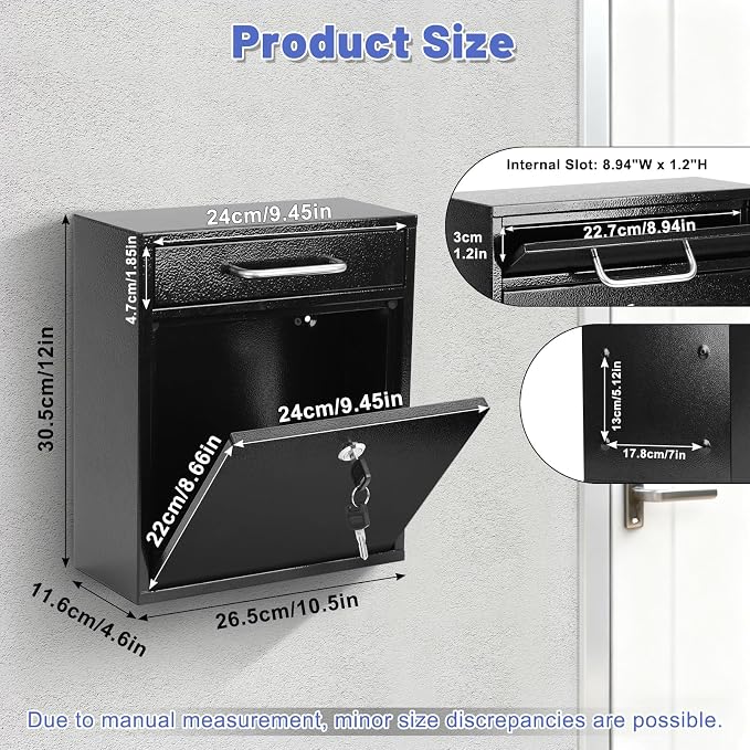 KYODOLED Steel Key Lock Mail Boxes for Outside, Locking Wall Mount Mailbox, Security Key Drop Box for Home, Office or Commercial, 12H x 10.5L x 4.6W Inches, Black Large