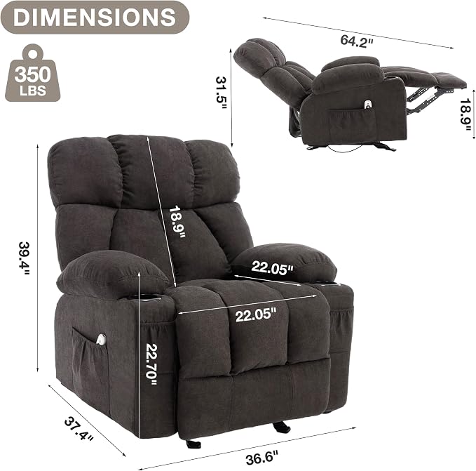 Massage Rocker Recliner Chair with Heat and Vibration Ergonomic Rocking Lounge Chair for Living Room Comfy Overstuffed Recliner with 4 Side Pockets, 2 Cup Holders, Black