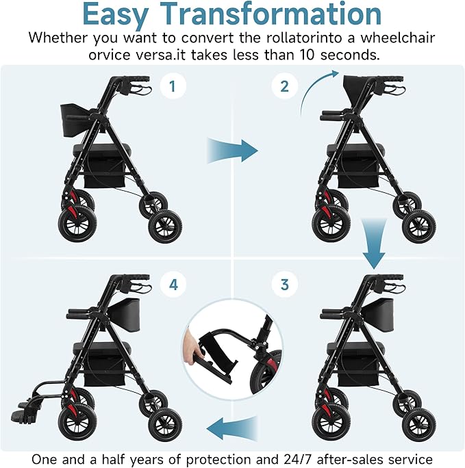 Walkers for Seniors, 2 in 1 Rollator Wheelchairs Combo 10" Big Wheels Walker with Seat, Rollator Transport Chair with Brakes Folding Rolling Walker for Adults, Black