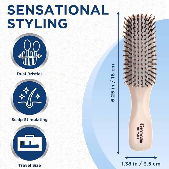 Giorgio Gentle Ivory Mini Hair Brush – 6.25 Inch, Men, Women & Kids, Compact Detangler, Soft Bristles, Sensitive Scalp, Scalp Massager, Travel Hair Brush