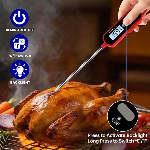LONICERA Digital Candy Thermometer with Pot Clip, 11-Inch Probe, Red | 2–3 second instant read, IPX6 waterproof, backlit display, extra-long probe, for candy making, deep frying, oil and meat