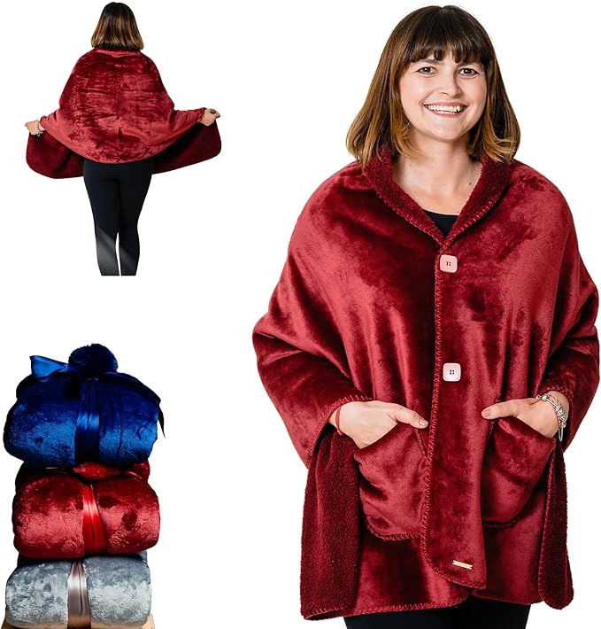 Premium Double Layer Wearable Blanket for Women -Easy On Easy Off No Sleeves- Drape and Go - Gifts for Women Who Have Everything - Gifts for Her Grandma and Mom (Burgundy)
