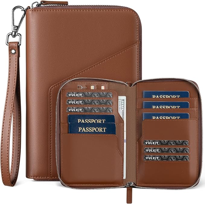 VULKIT Family Passport Holder for 4 Passports, RFID Blocking Travel Wallet | 6 Card Slots, 2 SIM Pockets, Secure Zipper Closure, Holds 4 Passports, Family Travel Essential