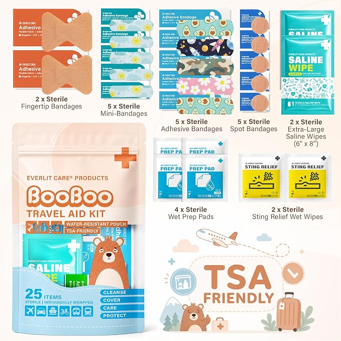 EVERLIT CARE Bulk Mini First Aid Kit 10 Pack | Individual Travel Pouches with 25 Sterile Wound Care Essentials | for School, Classroom, Day-Care, Backpack, Sports, Car, Diaper Bag, Party Favors