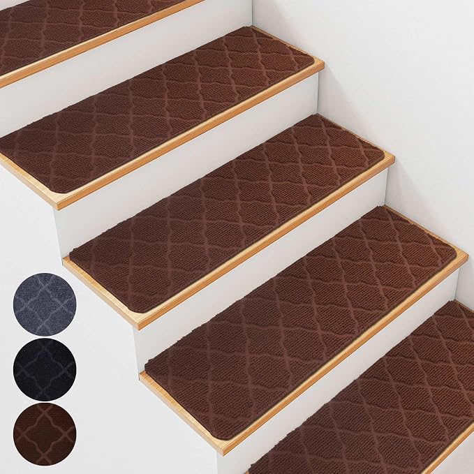 7 PCS Non Slip Stair Treads for Wooden Steps – 8"x30" Indoor Non Slip Stair Treads, Carpet Stair Mats with Self-Adhesive Backing, Removable & Machine Washable – Brown Pattern