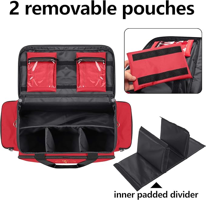 Trunab Trauma Bag with Dividers, EMT First Aid Pouch Medical Bag Empty,Red | No-Scratch Bottom, Ideal for EMS/Paramedics, Empty Bag for Customizable Layout