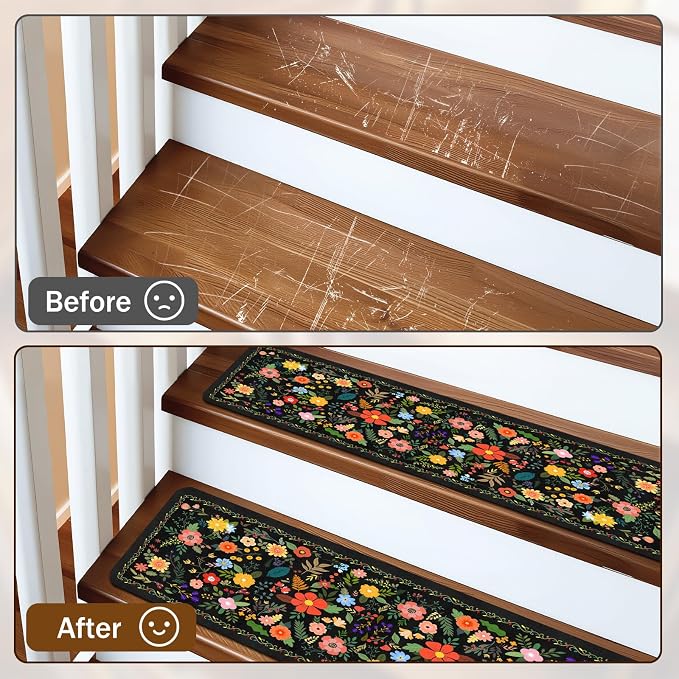 Floral Stair Treads for Wooden Steps Non-Slip 8"X30" 15PCS Flower Stair Carpet Rubber Backing Stair Runner Reusable Stair Rugs Indoor Safety Stair Mats for Elders Kids Dogs Black