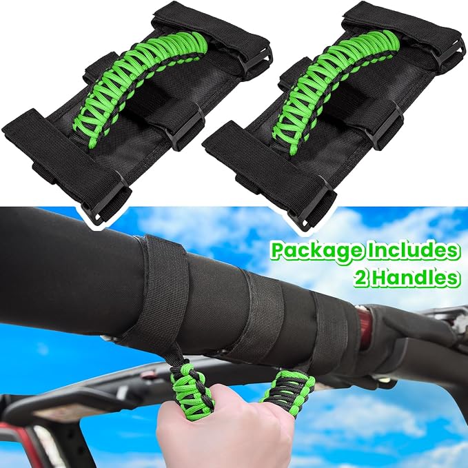 Roll Bar Grab Handles Grip Handle for Jeep Wrangler JK JKU JL JLU TJ YJ Sports Sahara Freedom Rubicon Unlimited Gladiator JT 1955-2023 UTV ATV Accessories Premium 550 Paracord (Green 2 Pack)