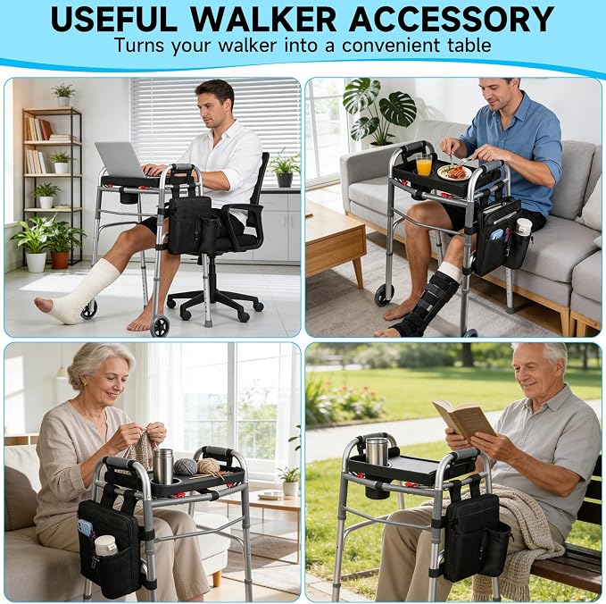 Walker Tray for Folding Walkers with Cup Holder & Side Bag, Adjutable Walker Tray Table Fits Most Standard Walkers, Non-Slip & Easy-Clean Leather Surface, Removable & Easy Assembly