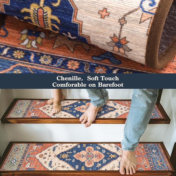 Lahome Stair Treads Non Slip 15 Pack 8" X 30" Stair Treads for Wooden Steps, Washable Self Adhesive Stair Runners Stain Resistant Stair Carpet, Edging Stair Rug for Kids, Elders and Dogs Dorie, Rust