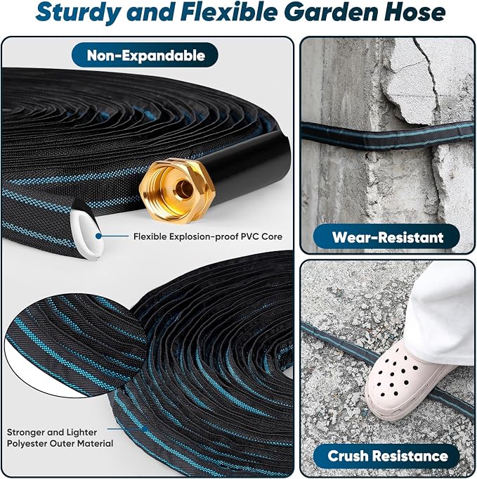 Garden Hose 100ft Lightweight, Non-Expanding, Leak-Proof Metal Connector, No-Knot No-Tangle Easy to Store and Carry Wear-Resistant 3/4GHT Flexible Water Hose for Yard Outdoor (Black Lake Blue)