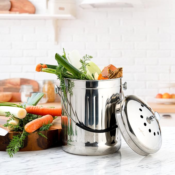 Premium Compost Bin for Kitchen Countertop - Stainless Steel Food Waste Bucket with Innovative Dual Filter Technology - Includes Spare Filters (Brilliant Steel, 1.3 Gallon)