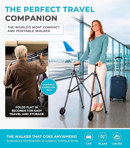 Stander Wonder Walker with 5-inch Wheels, Lightweight Folding Walker for Adults, Seniors, and Elderly, Collapsible Travel Walker, Ski Glides for Mobility Support, Compact, Black Walnut