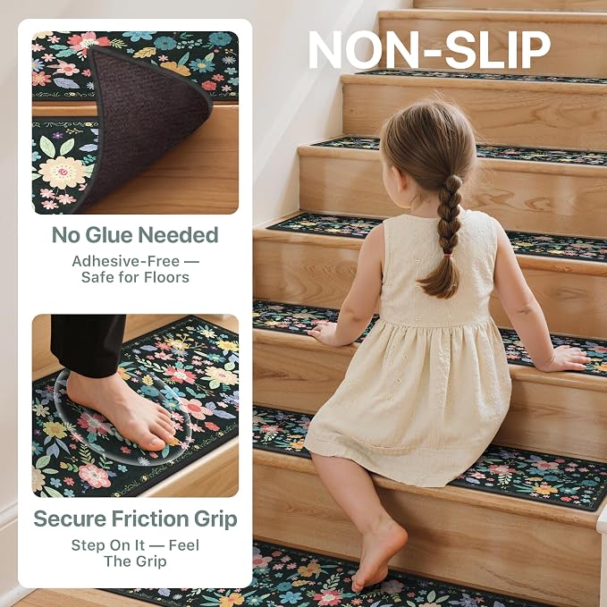 sarben 8"x30" Non Slip Stair Treads for Wooden Steps 15 Pack, Black Floral | Peel and Stick Carpet Stair Runner with TPE Adhesive Backing, Carpet for Added Safety, Pet and Senior Friendly