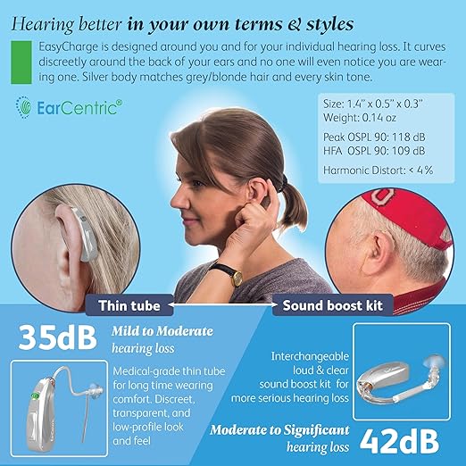 [Silver] EarCentric EasyCharge Rechargeable Hearing Aids (Pair) for Seniors, Behind-The-Ear BTE Ear Aid PSAP digital Personal sound amplification products devices with Noise Cancellation