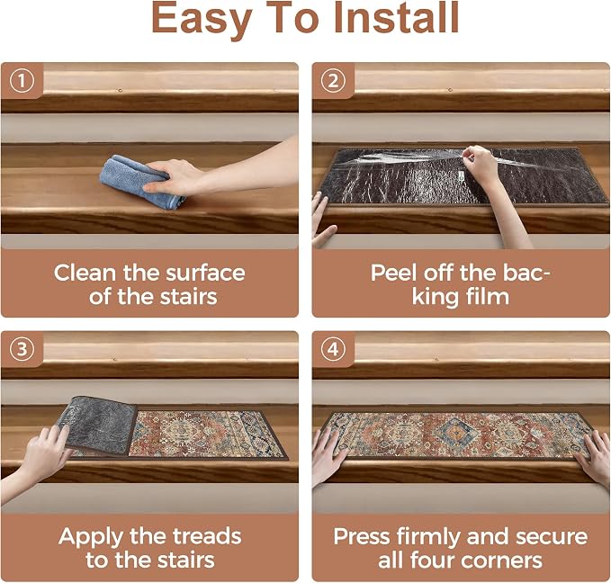 sarben 8"x30" Non Slip Stair Treads for Wooden Steps 15 Pack, Antique Red | Peel and Stick Carpet Stair Runner with TPE Adhesive Backing, Carpet for Added Safety, Pet and Senior Friendly