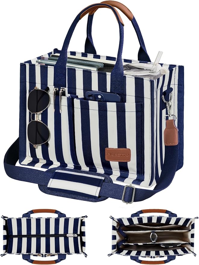 FIORETTO Canvas Tote Bag for Women with Zipper Closure & Individual Compartments for Work College for Teacher & Nurse