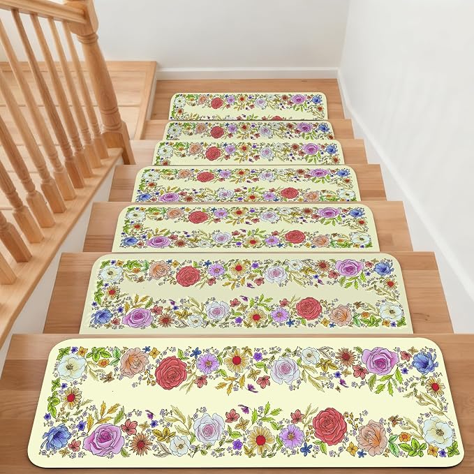 Butterfly Floral Stair Treads Non-Slip Stair Carpet for Wooden Steps 15PCS 8"X30" Stair Rugs Rubber Backing Treads Stair Mats Indoor Safety Staircase Step Treads for Elders Kids Dogs Beige