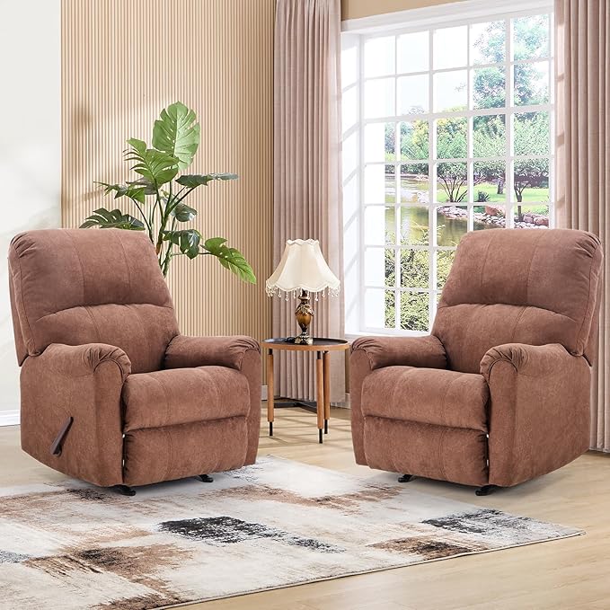 Rocker Recliner Chair for Adults Set of 2,Manual Recliner Chair with Overstuffed Backrest and Armrests, Soft Fabric Manual Rocking Reclining Sofa for Living Room,Brown