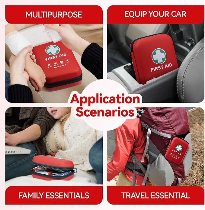 General Medi First Aid Kit - 170 Pieces Hard Case and Lightweight - Great for Travel, Home, Office, Vehicle, Camping, Workplace & Outdoor (Red)