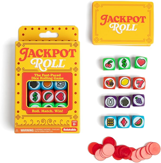 Jackpot Roll by Relatable – A Fast Paced Casino Themed Dice Game for Family Game Night and Games for Adults – Includes 20 Betting Tokens, 50 Cards, 12 Dice and Instructions