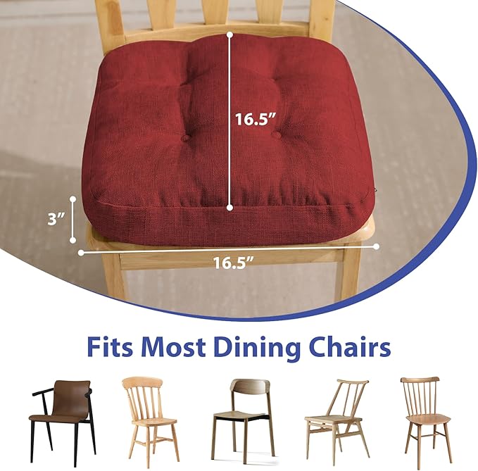 Chair Cushions for Dining Chairs, Dining Chair Cushions, Tufted Indoor Chair Pads with Ties & Non Slip Backing, Seat Cushions for Kitchen Chairs 16.5” x 16.5” x 3.5”, Set of 4, Red