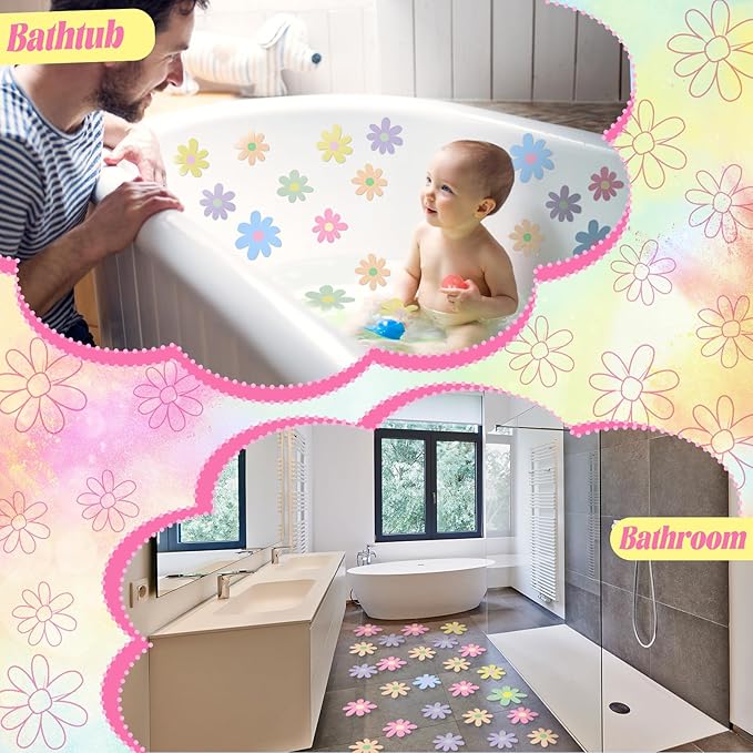 24 Pcs Non Slip Macaron Colors Flowers Bathtub Sticker Daisy Skidproof Shower Sticker Anti Slip Shower Decals Bathe Treads Adhesive Appliques Scraper Bright Adhesive Decal for Bathroom Decor
