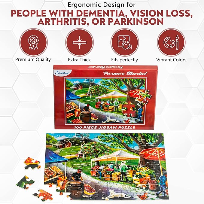 Assistex Dementia Jigsaw 100 Large Puzzle for Seniors - Alzheimer's Activity for Adults with Conversation Prompts - Best Memory Game for Patiens in Nursing Home - Build in Box Activities for Elderly