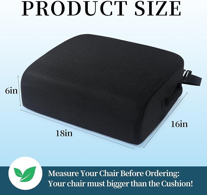 MABOZOO Extra Thick Chair Cushions,Office Chair Booster Seat Cushion to Raise Seat Height for Pain Relief,18 x 16 x 6 inch Non Slip Memory Foam Thick Cushion with Carry Handle（Black）