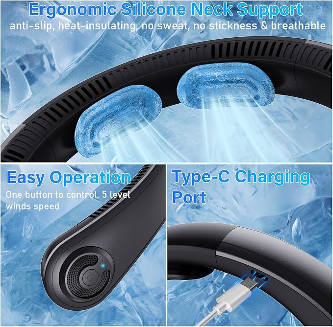 5000mAh Portable Neck Fan, [16H Long Lasting] Bladeless Personal Fan, 5 Speeds Wearable Fan for Neck, Ultra Quiet Rechargeable Cooling Fan for Travel, Outdoor, Hot Flashes, Golf, Office